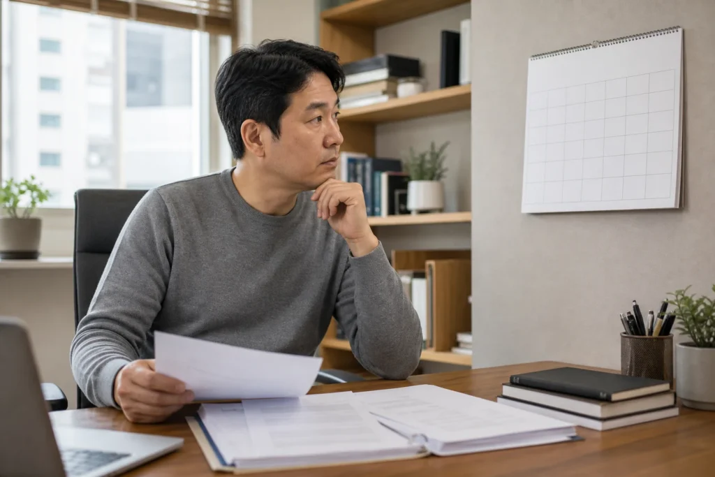 합의 시점을 두고 달력과 서류를 확인하는 모습